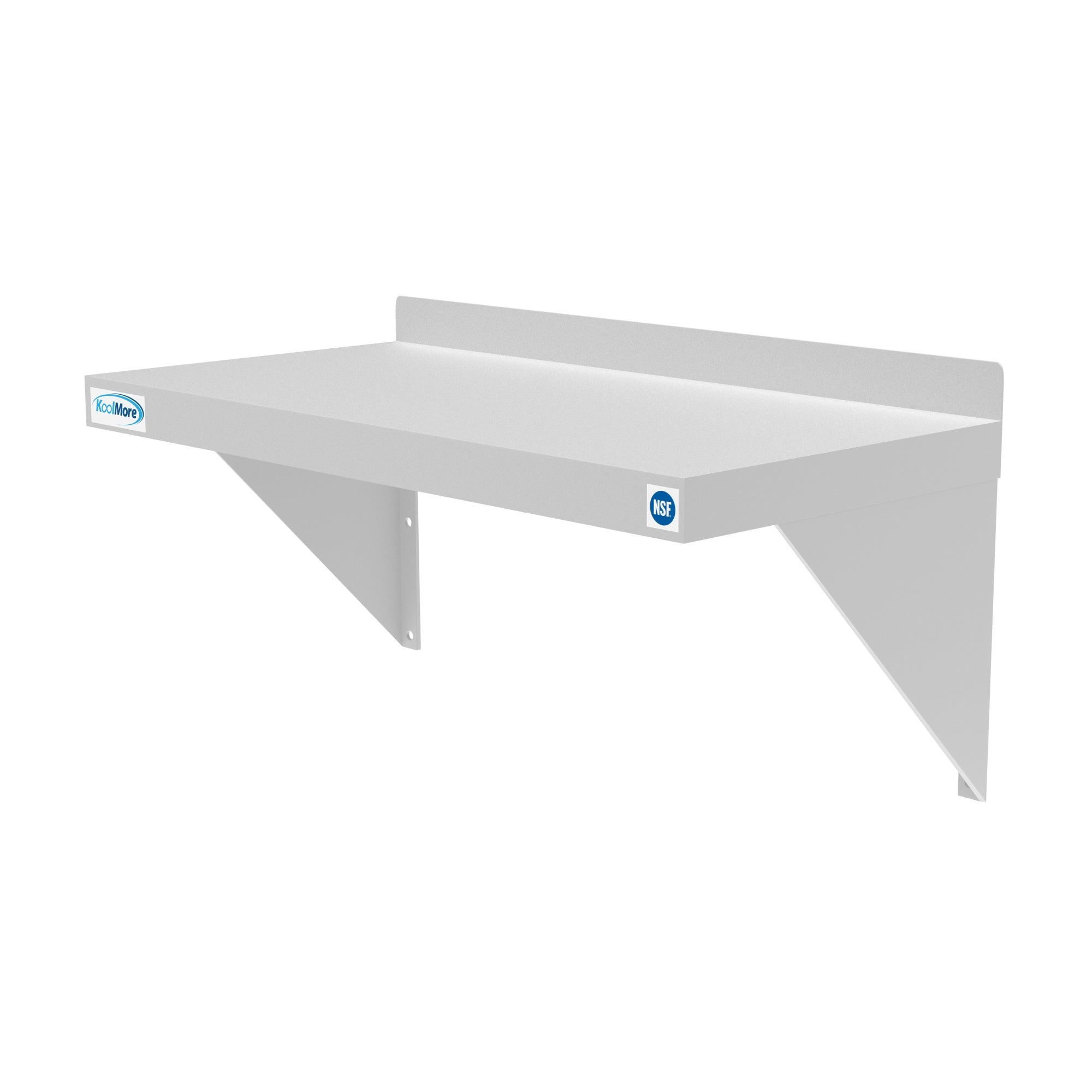 KoolMore 12" x 24" 18-Gauge Stainless-Steel Heavy Duty Wall Shelf with backsplash, showcasing its sturdy design and mounting brackets.