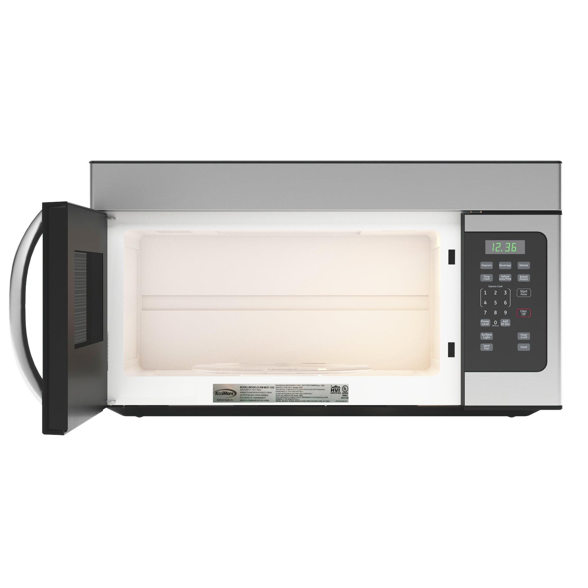 KoolMore 1.6 cu. ft. Over the Range Stainless Steel Microwave, featuring a sleek design and ergonomic pull-handle door.