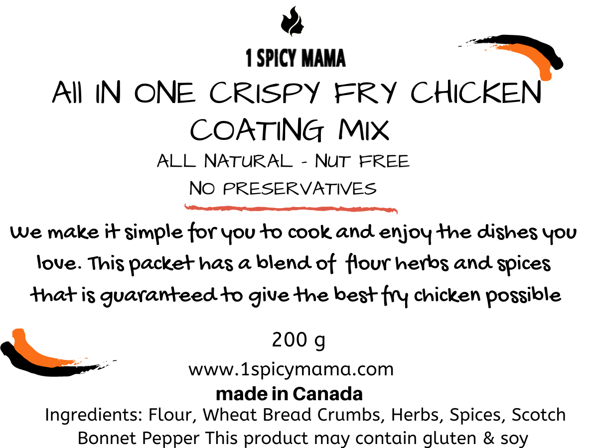 A packet of All In One Chicken Coating Mix featuring a blend of spices and herbs for delicious fried chicken.