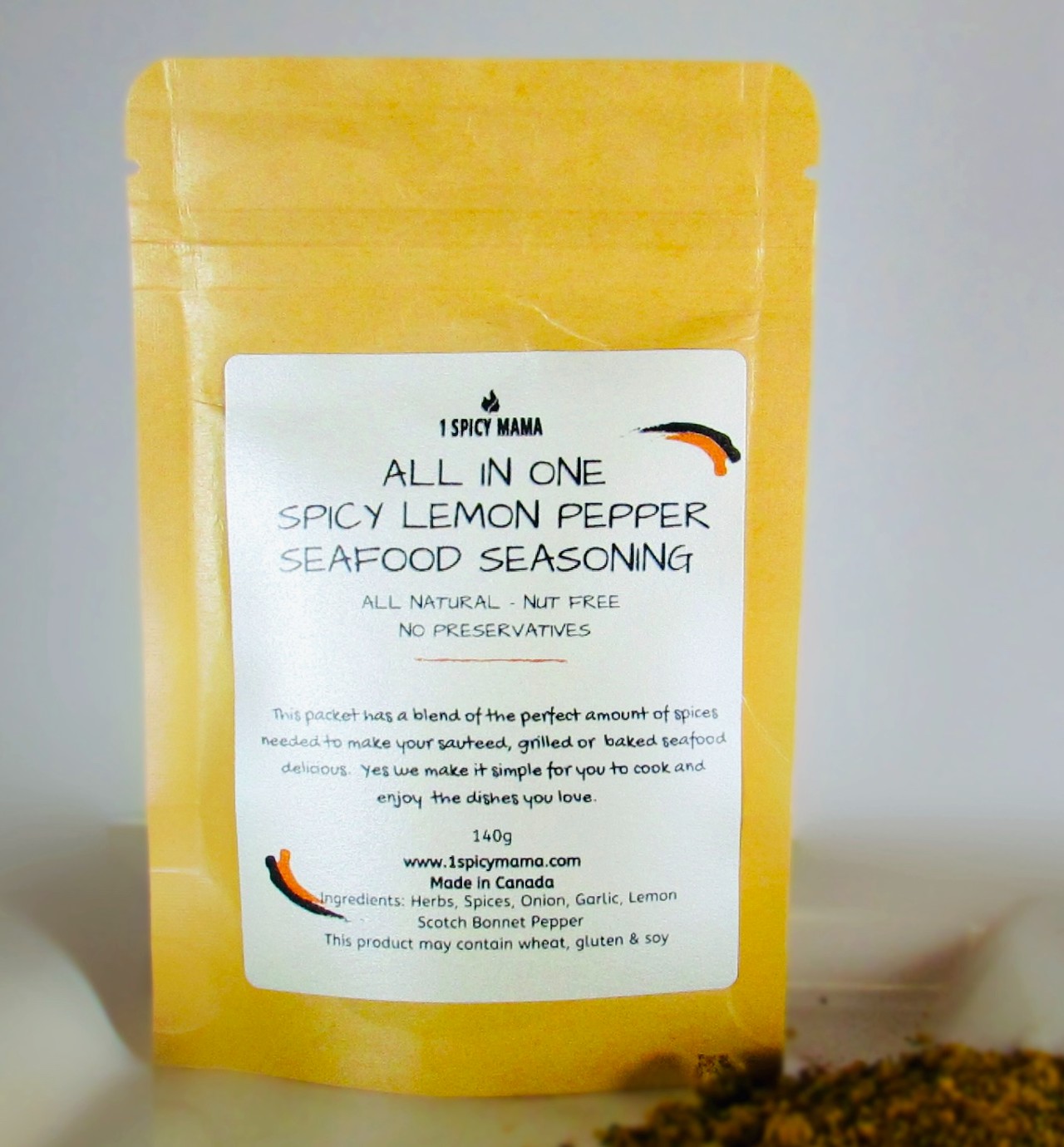 A packet of All In One Spicy Lemon Seafood Seasoning Mix featuring vibrant herbs and spices with a lemony hint, perfect for enhancing seafood dishes.