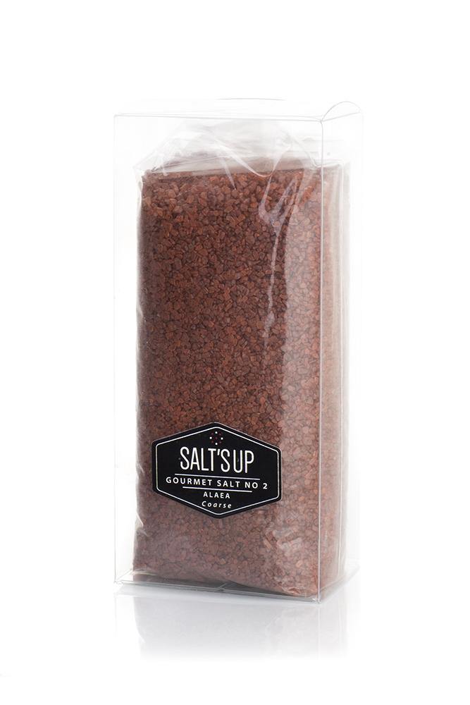 ALAEA coarse salt ecopack featuring traditional Hawaiian sea salt with a reddish hue from volcanic clay, packaged in eco-friendly materials.