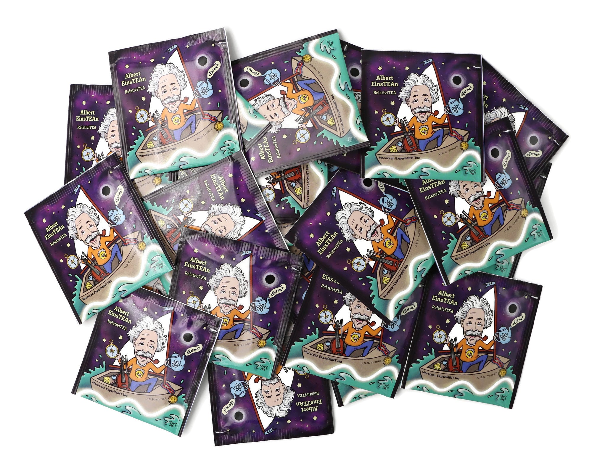 A vibrant packaging of Albert EinsTEAN - RelativiTEA Moroccan ExperiMINT Green Tea featuring organic ingredients and a playful design inspired by Einstein.