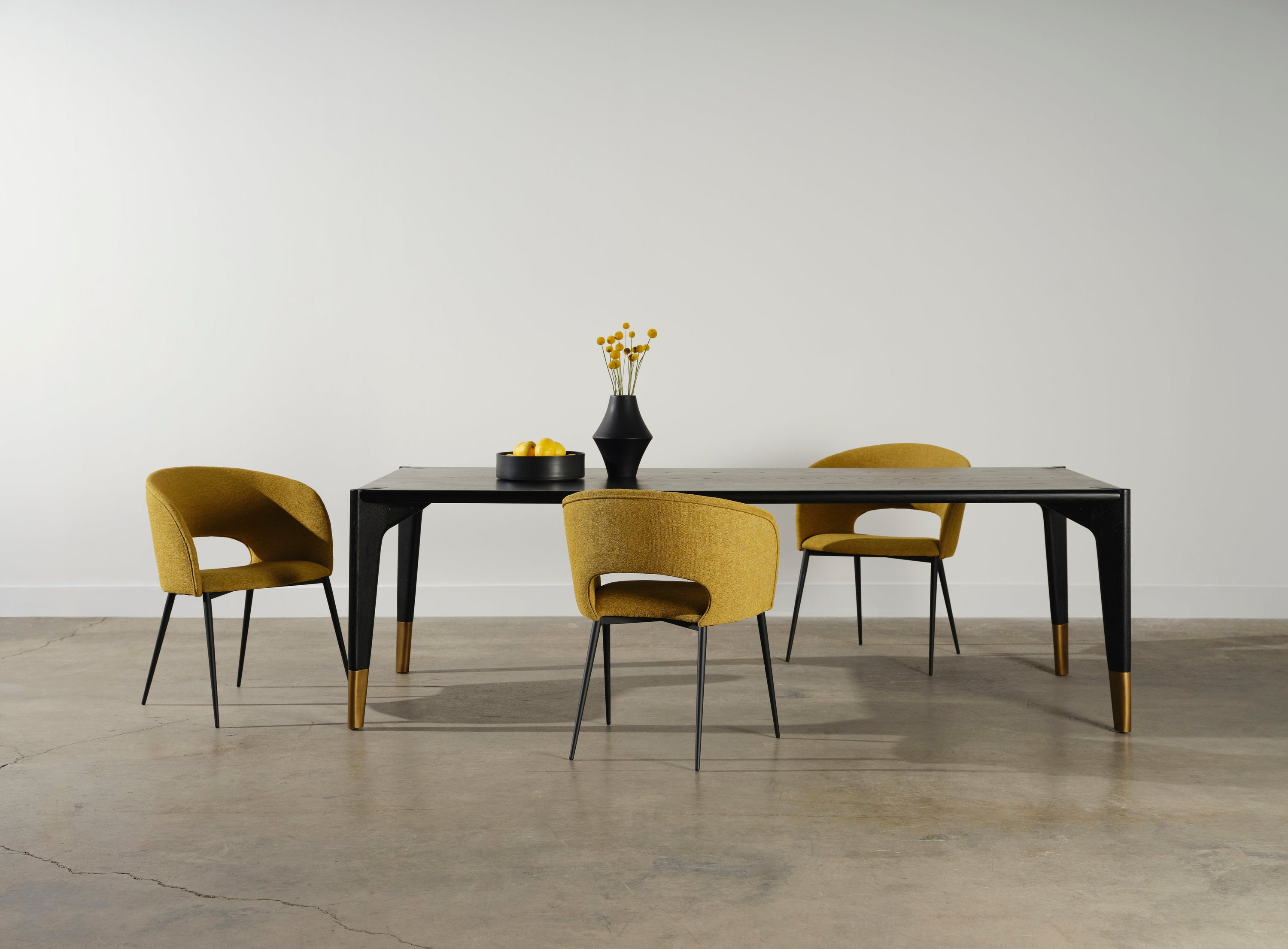 Alotti Dining Chair in Palm Springs boucle fabric with matte black steel legs, showcasing a modern retro design.