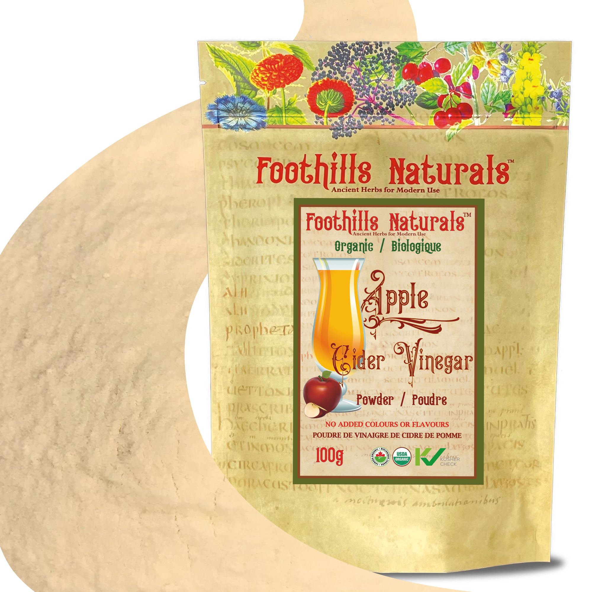Organic Apple Cider Vinegar Powder in a clear container, showcasing its light tan color and fine texture, ideal for cooking and health applications.