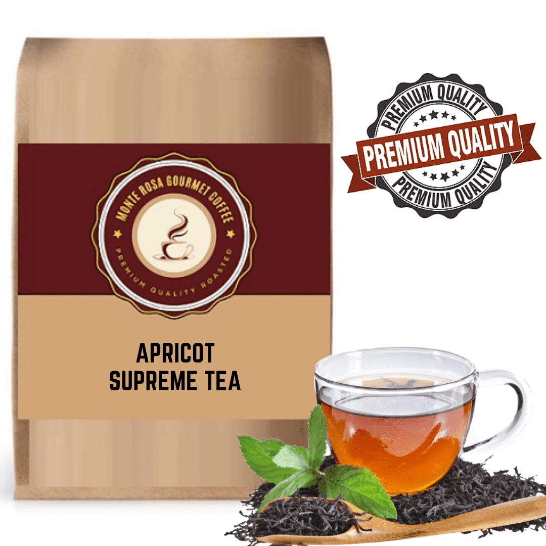A vibrant blend of Apricot Supreme Tisane featuring dried apricot pieces, rosehips, hibiscus leaves, and marigold petals in a clear glass cup.