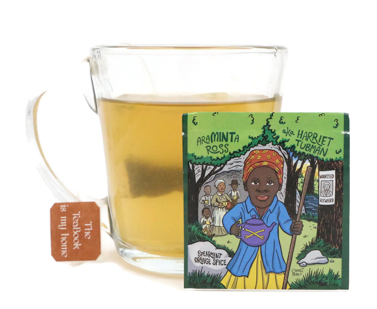 A beautifully packaged box of AraMINTa Ross Spearmint Orange Spice tea bags, featuring vibrant colors and a tribute to Harriet Tubman.