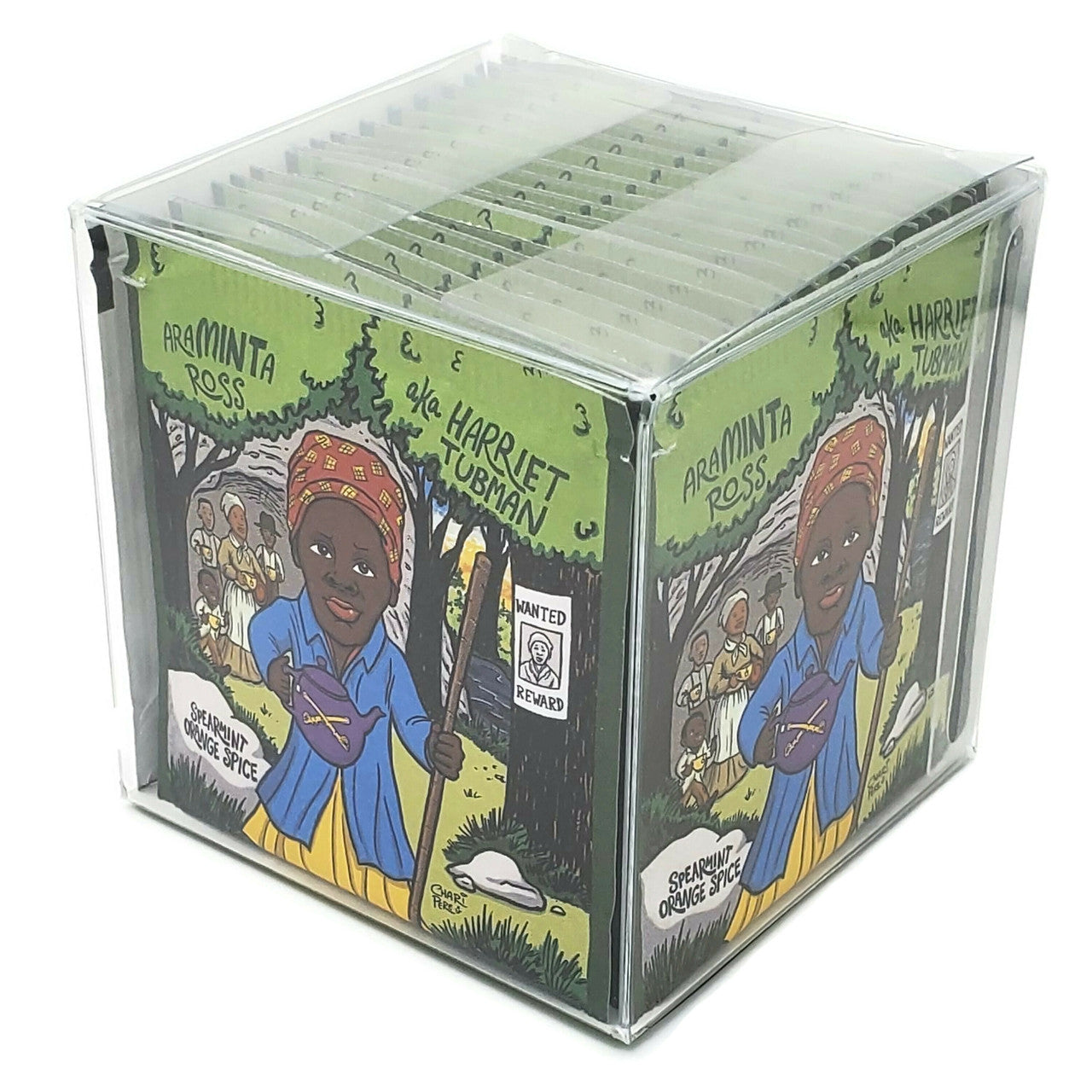 A beautifully packaged box of AraMINTa Ross Spearmint Orange Spice tea bags, featuring vibrant colors and a tribute to Harriet Tubman.