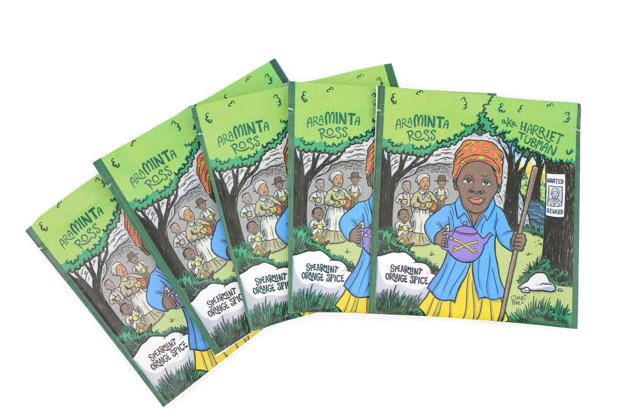 A beautifully packaged box of AraMINTa Ross Spearmint Orange Spice tea bags, featuring vibrant colors and a tribute to Harriet Tubman.