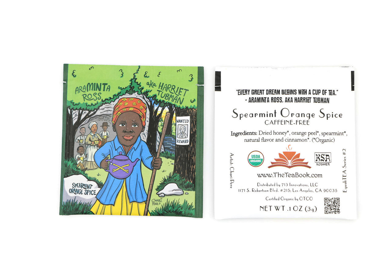 A beautifully packaged box of AraMINTa Ross Spearmint Orange Spice tea bags, featuring vibrant colors and a tribute to Harriet Tubman.