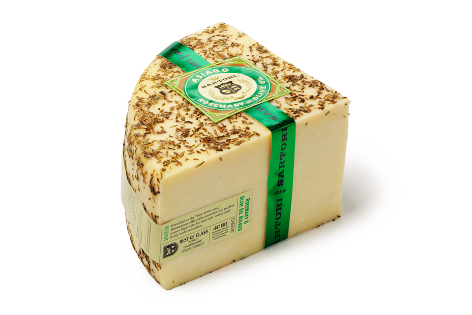A beautifully presented wedge of Asiago cheese infused with rosemary, showcasing its rich texture and aromatic herbs.