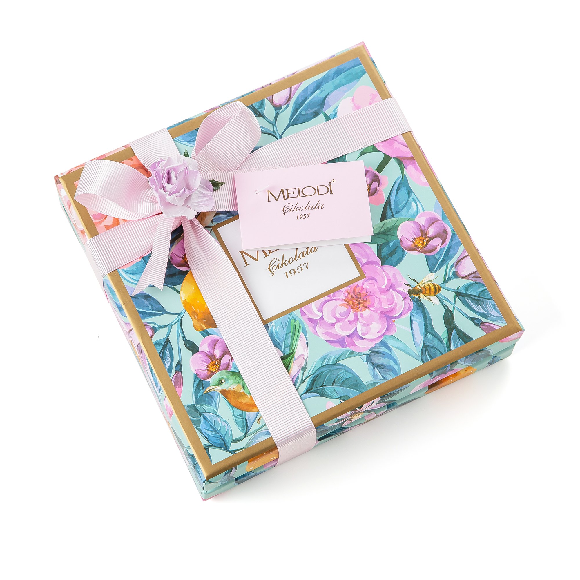 Assorted Chocolate Candy Truffles in a rose gift box with ribbon, featuring dark, milk, and white chocolates with various fillings.