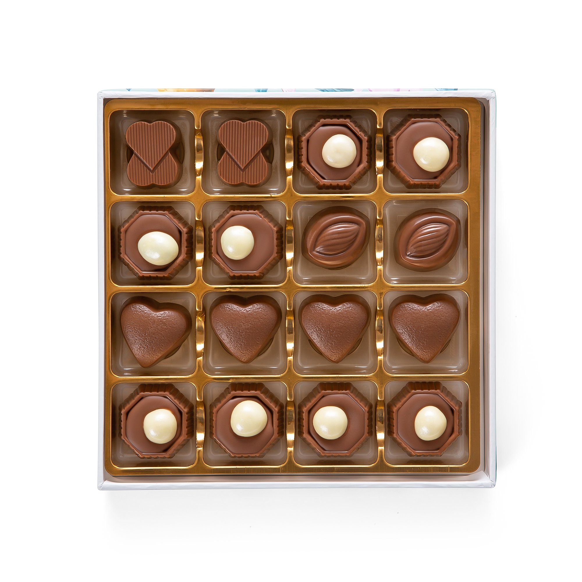 Assorted Chocolate Candy Truffles in a rose gift box with ribbon, featuring dark, milk, and white chocolates with various fillings.