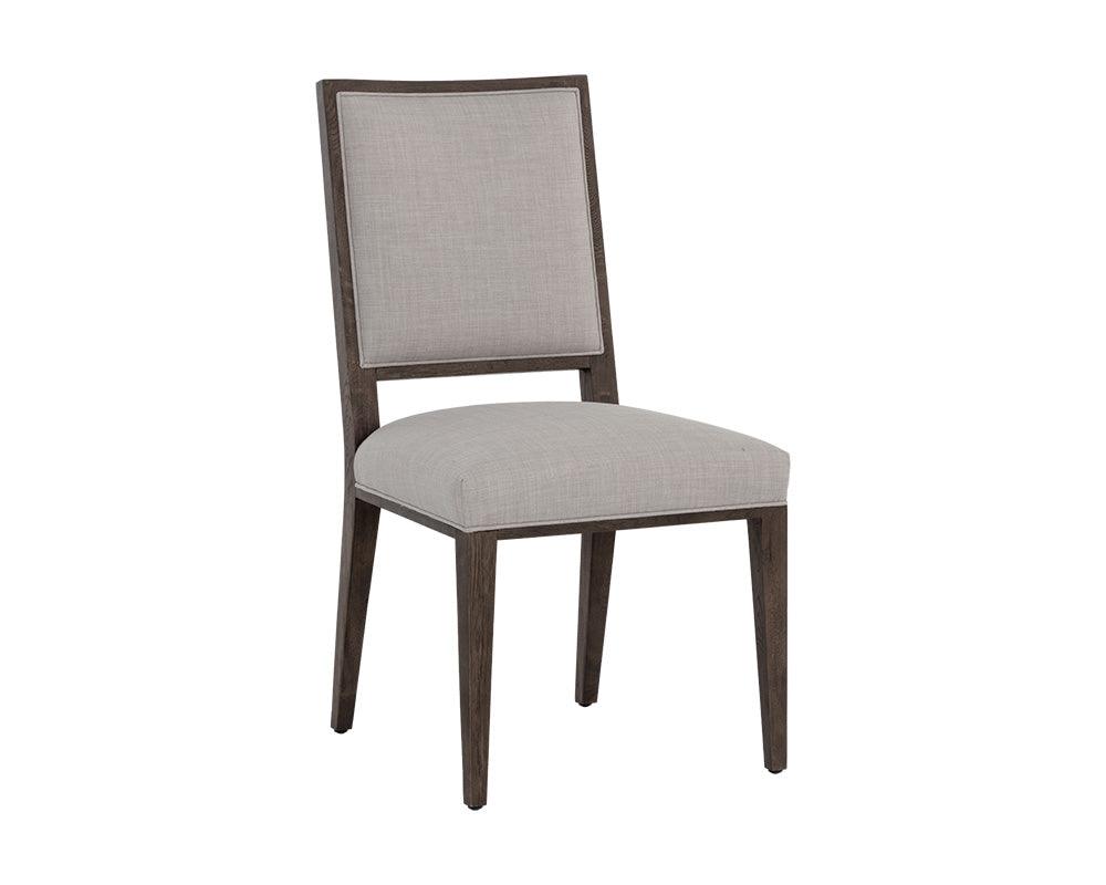 Aurelia Dining Chair featuring a dark brown wood base and light grey fabric upholstery, designed for modern dining spaces.