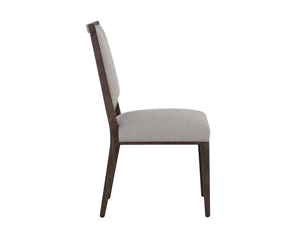 Aurelia Dining Chair featuring a dark brown wood base and light grey fabric upholstery, designed for modern dining spaces.