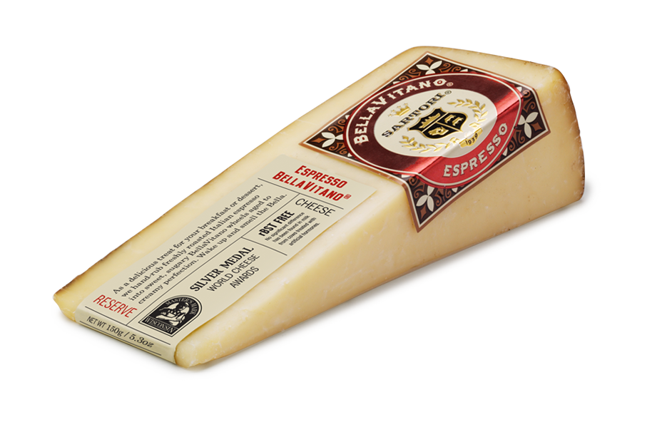 BellaVitano Espresso cheese, creamy and aged, infused with artisan roasted espresso, displayed on a wooden board with fruits.