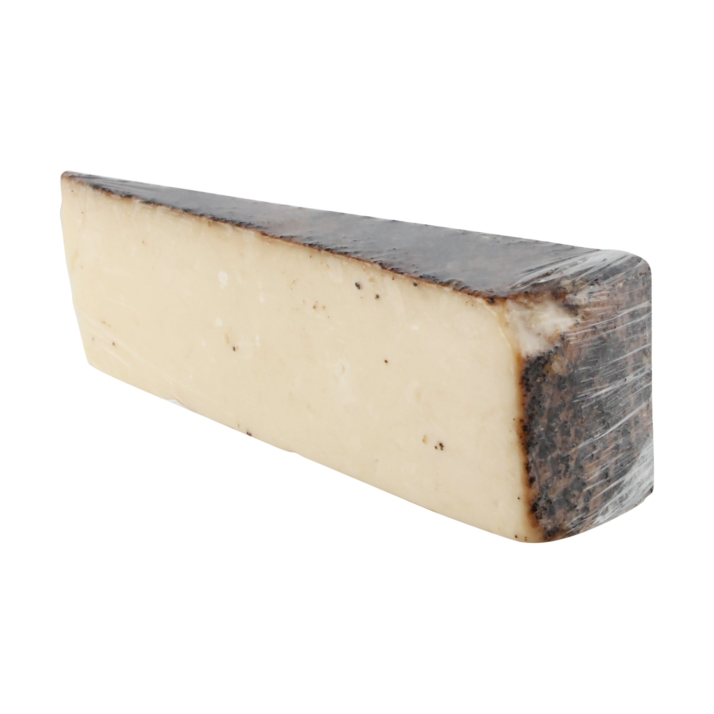 BellaVitano Espresso cheese, creamy and aged, infused with artisan roasted espresso, displayed on a wooden board with fruits.