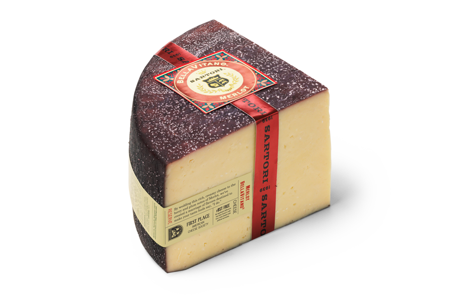 BellaVitano Merlot cheese wheel with rich creamy texture and Merlot wine infusion, perfect for gourmet pairings.
