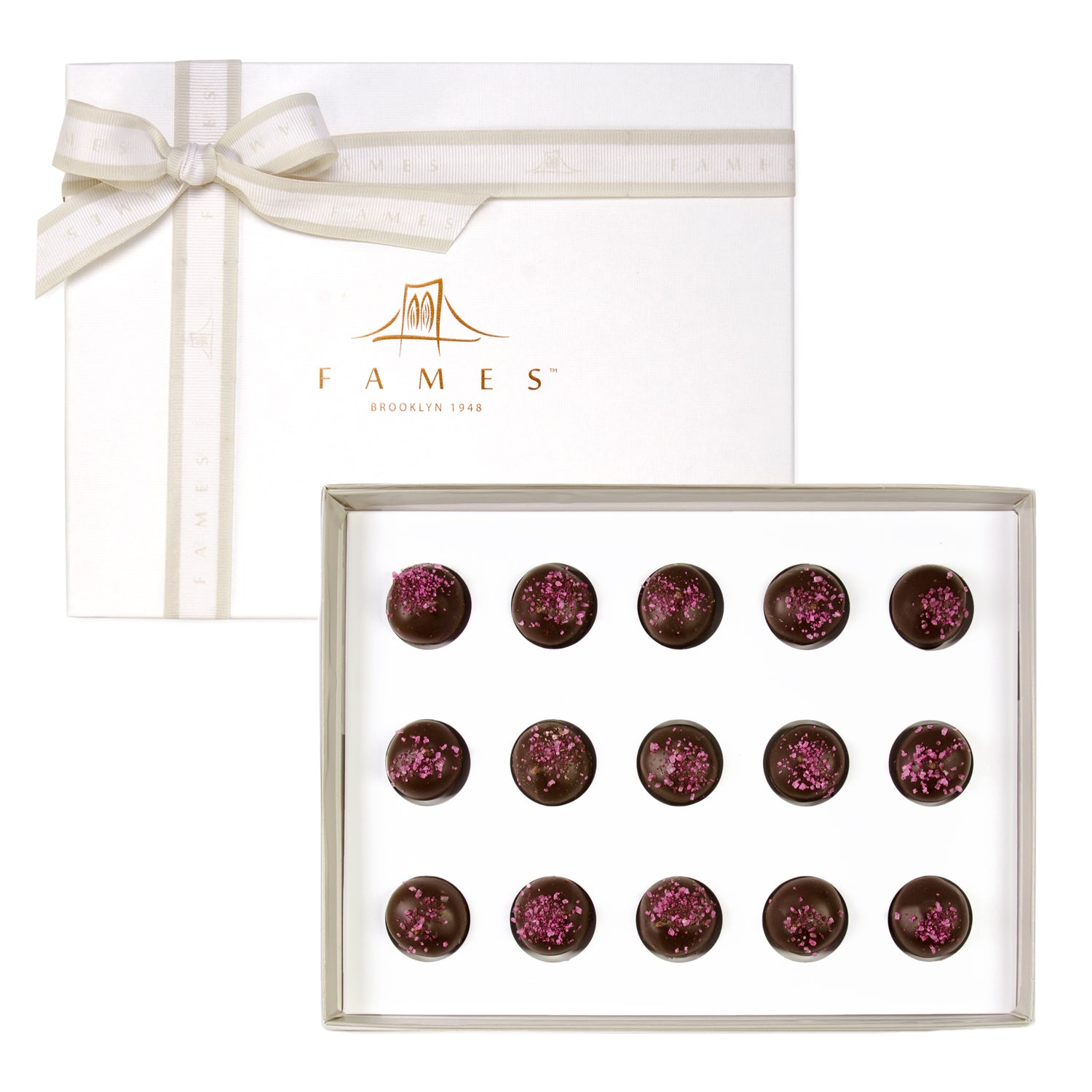 Berry Swirl Chocolate Gift Box featuring creamy chocolate ganache, dark chocolate coating, and shimmering pink crystals.