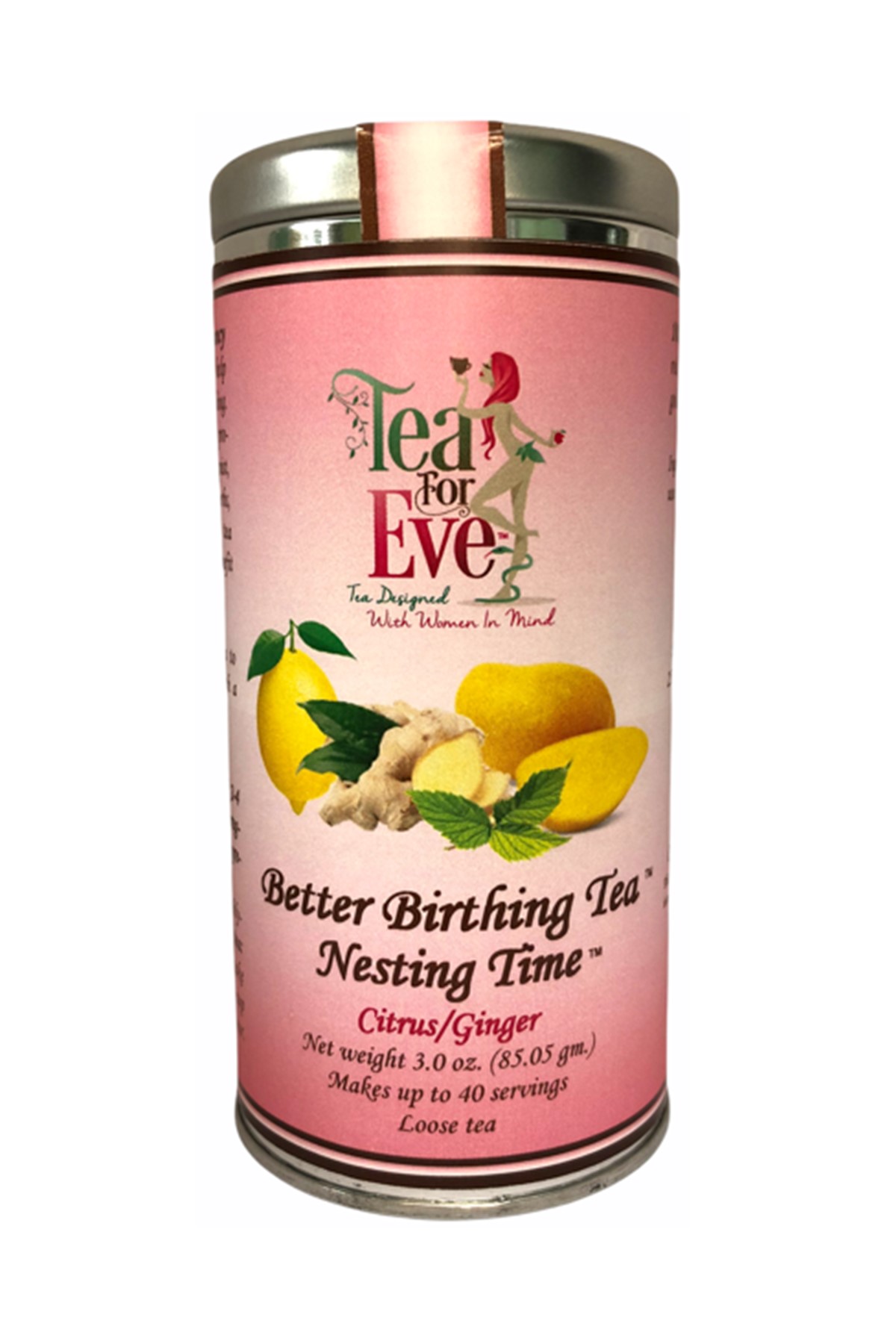 A package of Better Birthing Tea - Nesting Time featuring vibrant citrus and ginger flavors, designed for pregnant women in their third trimester.