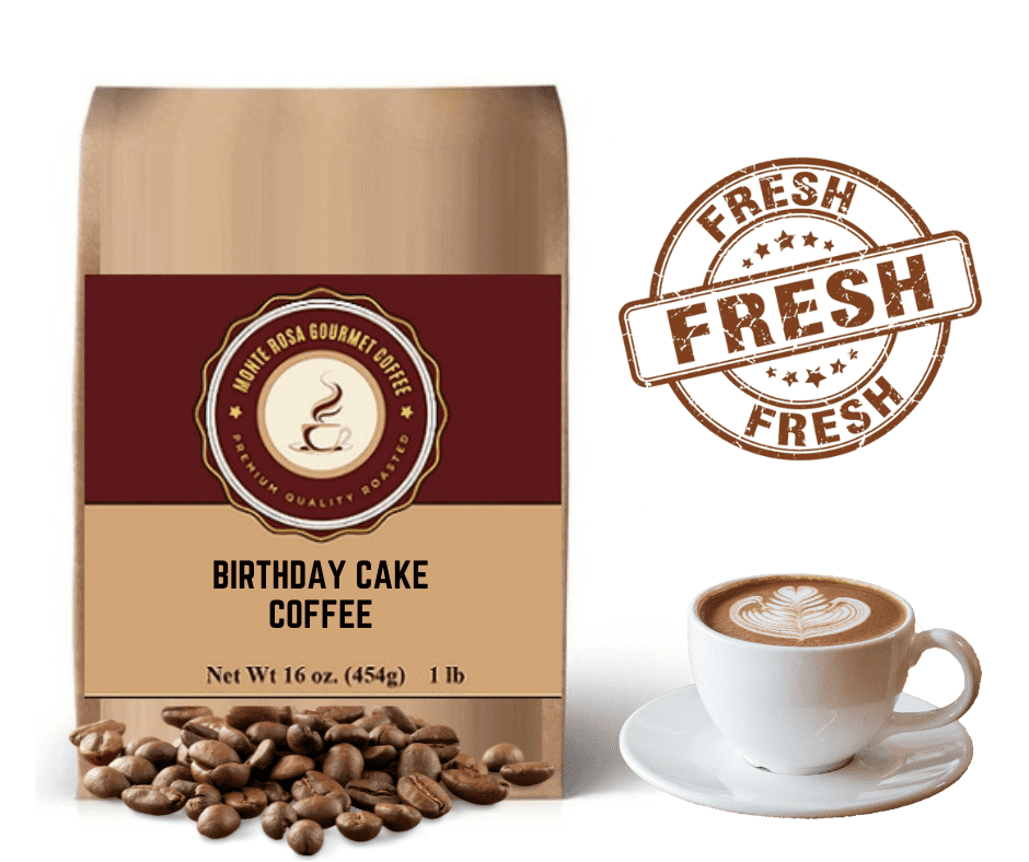 A bag of Monte Rosa Birthday Cake Flavored Coffee featuring vibrant packaging and a festive design, showcasing its delicious flavor profile.