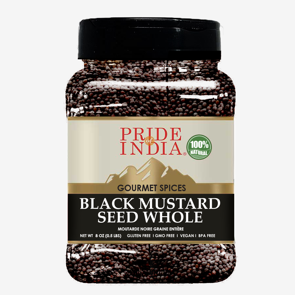 A close-up of whole black mustard seeds in a wooden bowl, showcasing their round shape and dark color, ideal for culinary use.