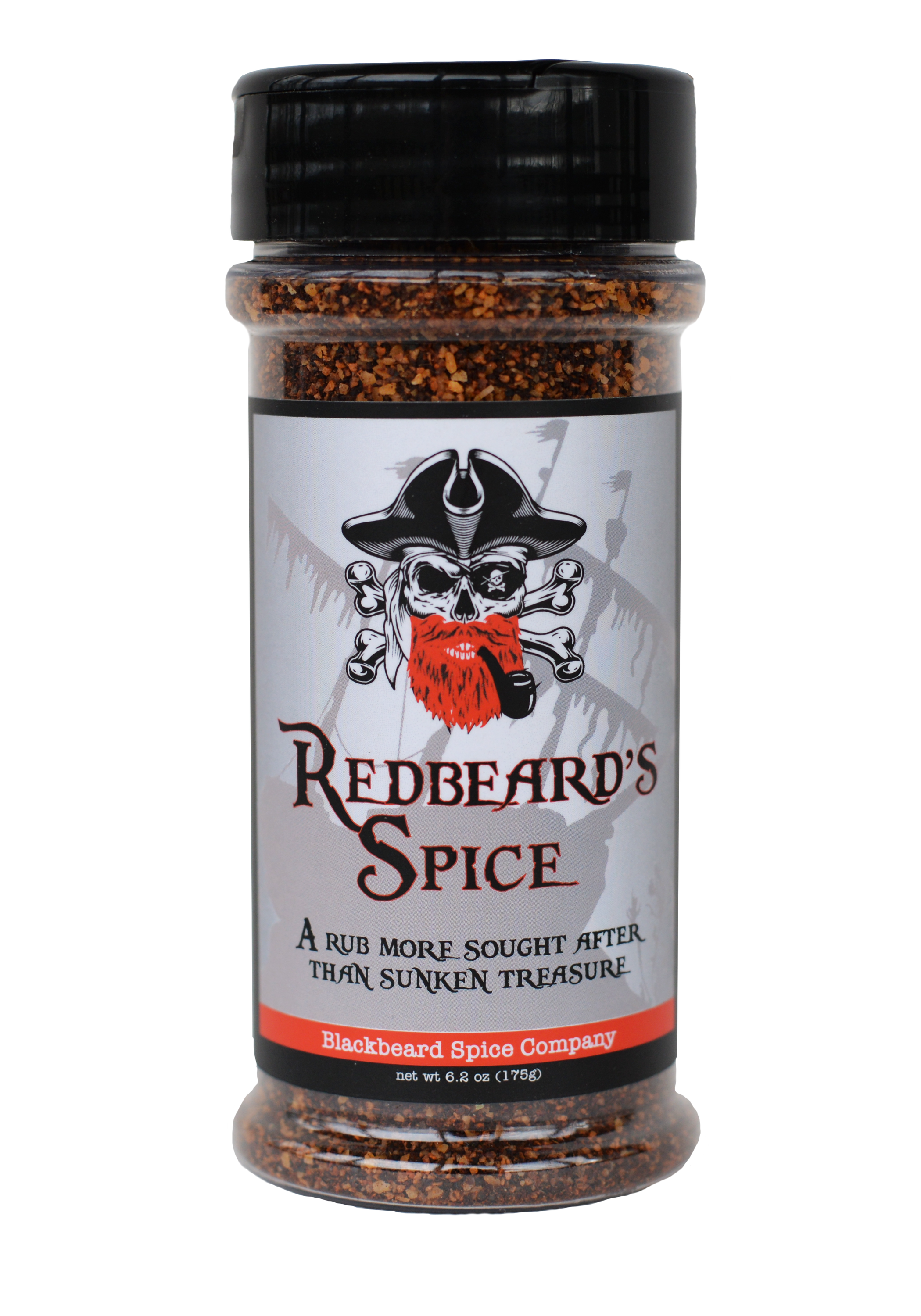 A jar of Blackbeard's Spice Redbeard's Spice Rub with a rustic pirate-themed label, showcasing its rich blend of spices.