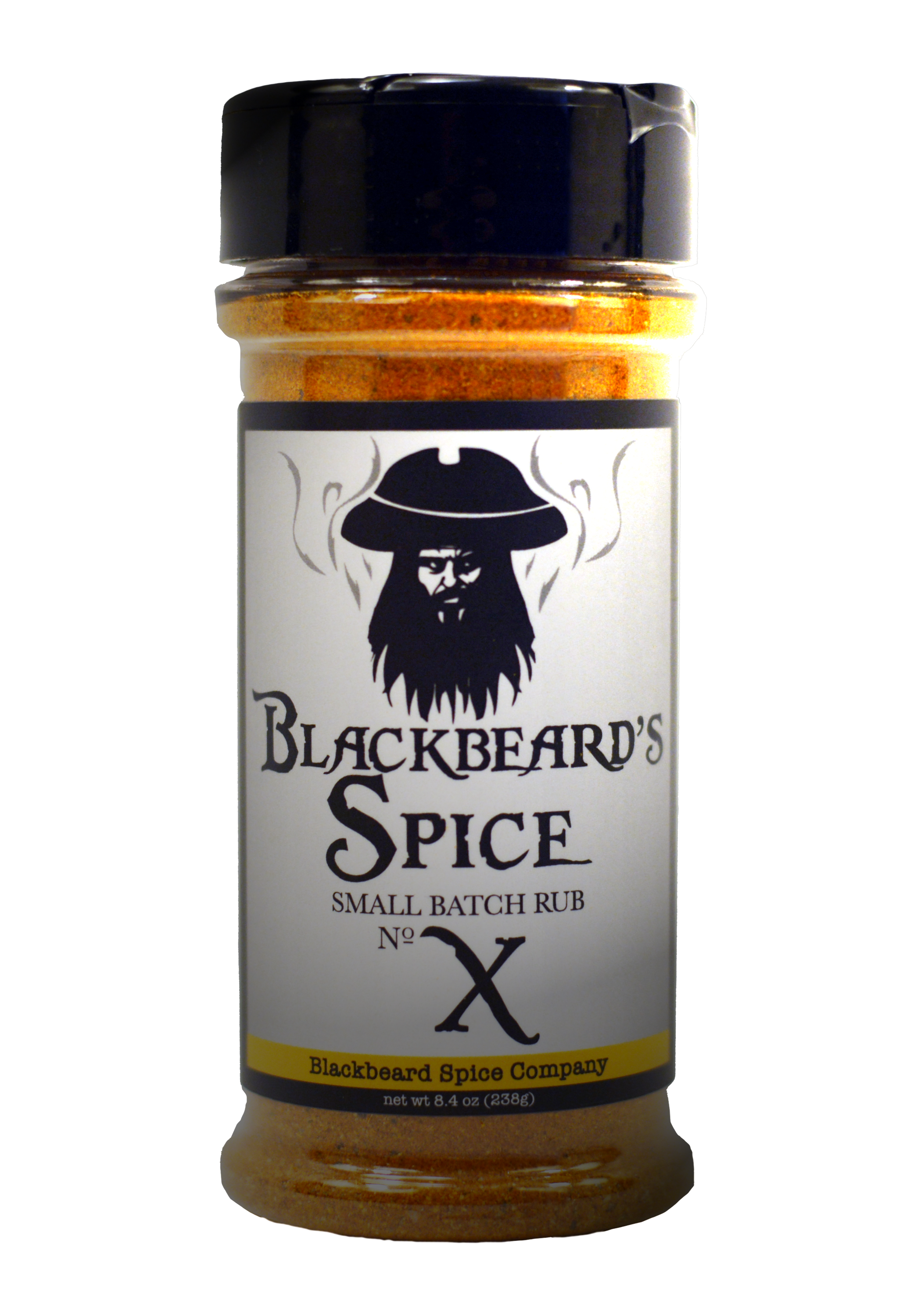 A jar of Blackbeard's Spice Small Batch No X, featuring a rustic design and rich spice blend, perfect for enhancing meats.
