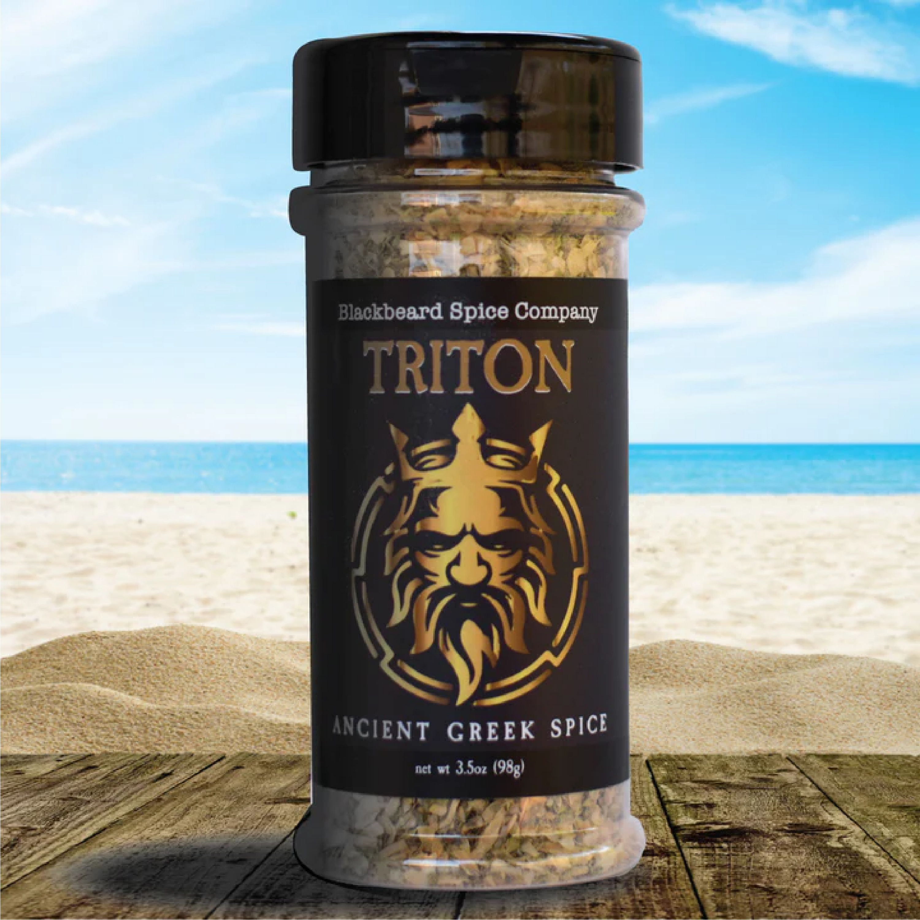 Blackbeard's Spice Triton Greek Spice Rub Blend in a jar, showcasing its rich texture and vibrant colors, perfect for grilling beef.