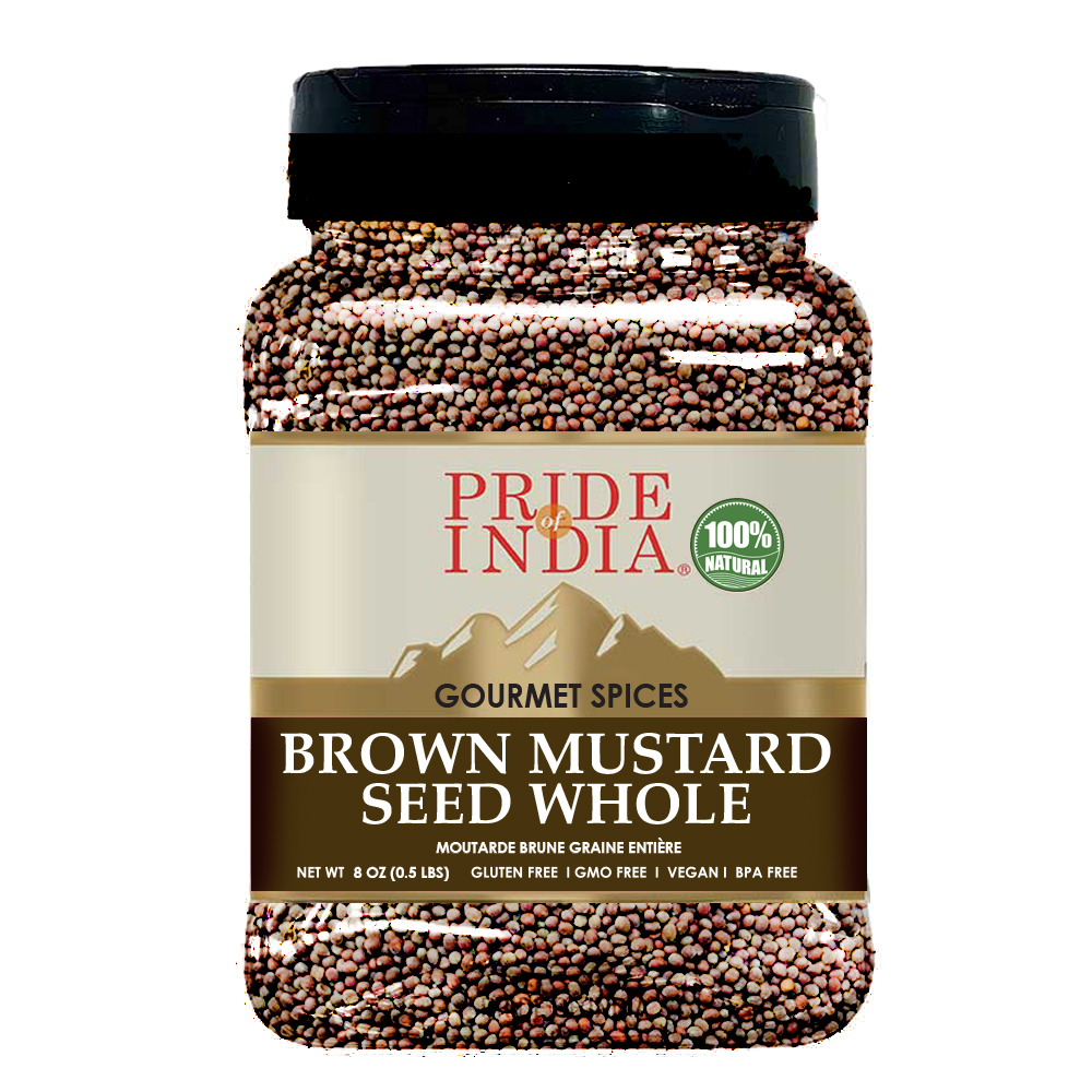 A close-up of Pride of India Brown Mustard Seed Whole in a clear package, showcasing the round, black-brown seeds.