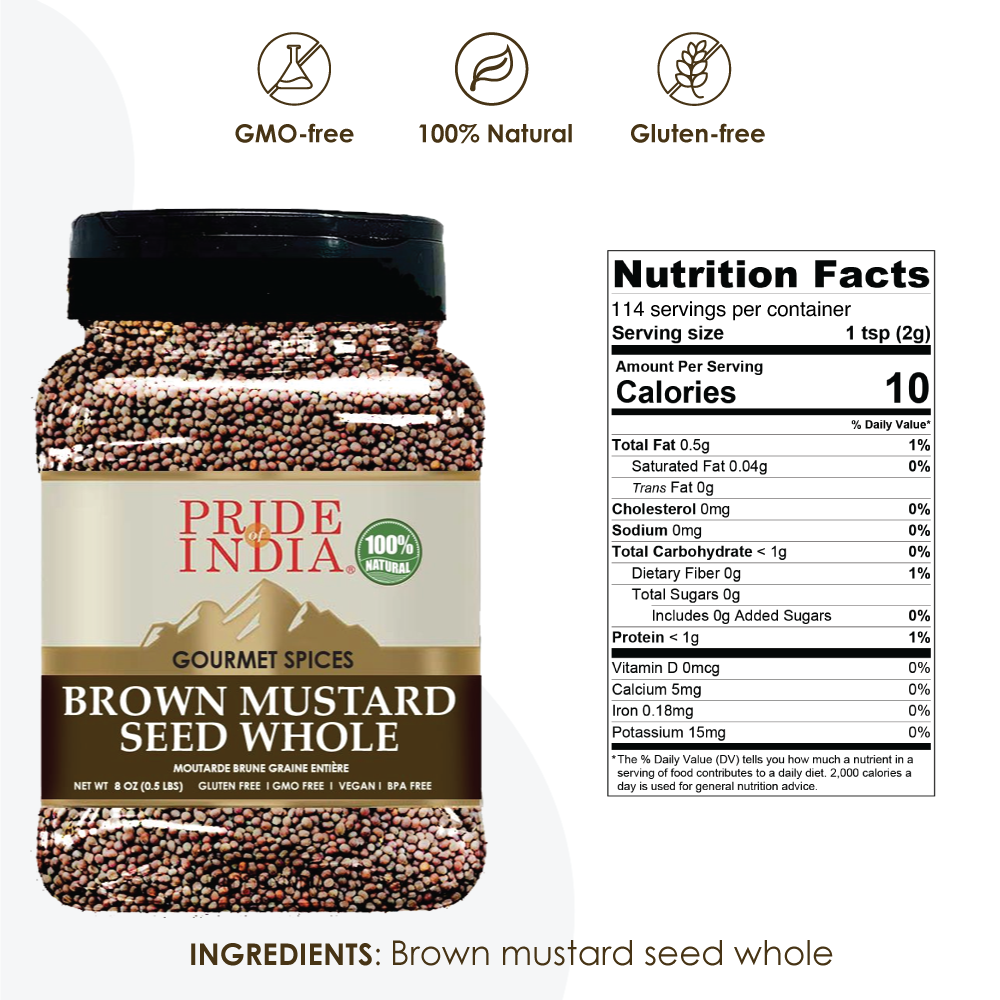 A close-up of Pride of India Brown Mustard Seed Whole in a clear package, showcasing the round, black-brown seeds.
