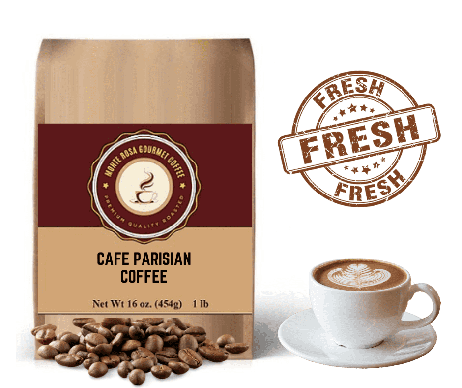 A bag of Café Parisian Flavored Coffee featuring rich vanilla, sweet orange, and liqueur cream flavors, perfect for indulgence.