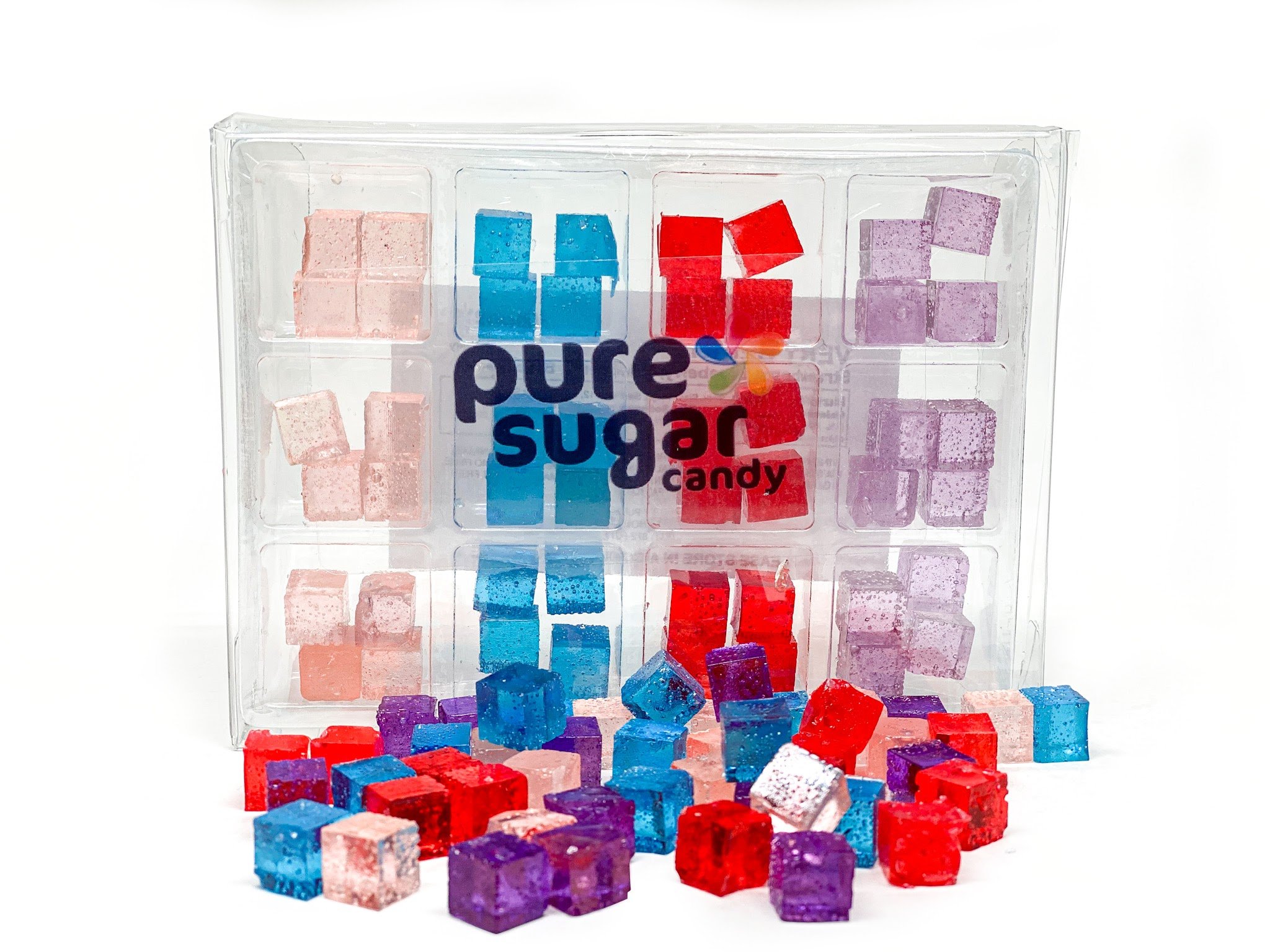A colorful assortment of Very Berry Candy Cubes featuring strawberry, blueberry, raspberry, and blackberry flavors in a 6-pack tray.