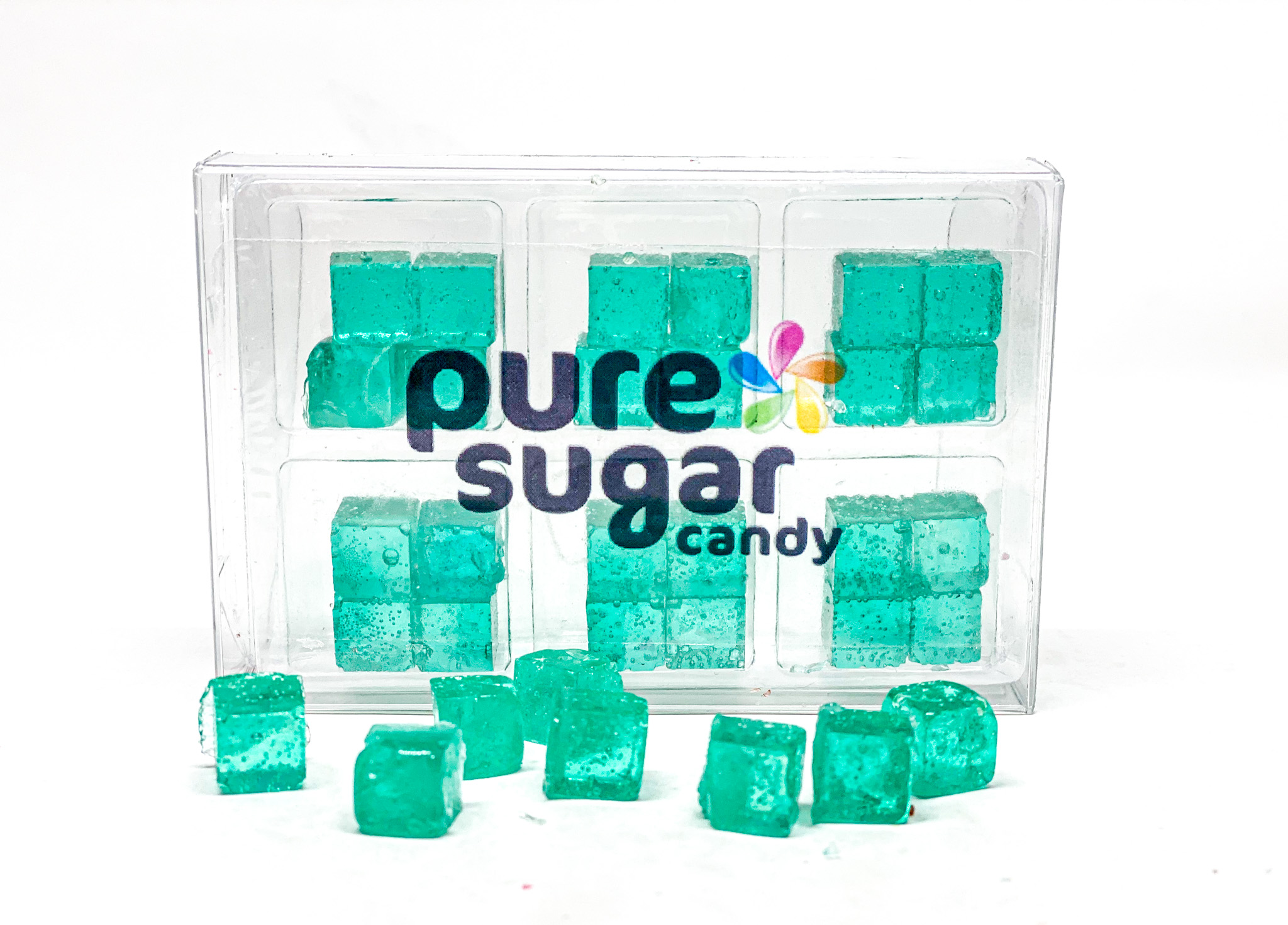 A tray of Wintergreen Candy Cubes showcasing vibrant green cubes with a refreshing minty flavor.