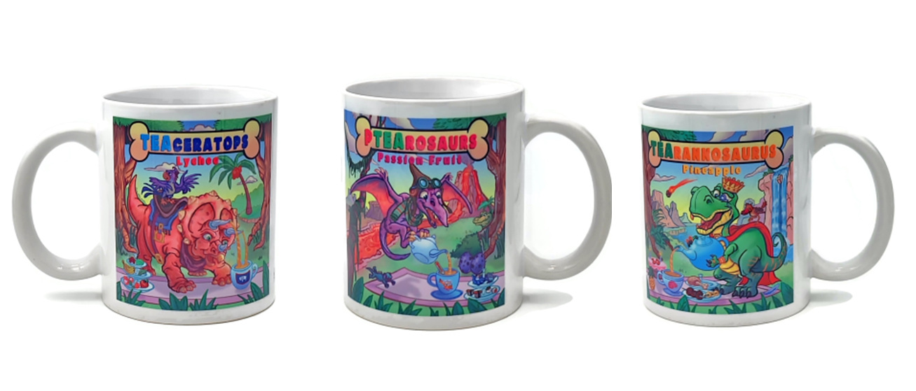 A collection of colorful ceramic mugs with unique designs, perfect for tea and coffee lovers.