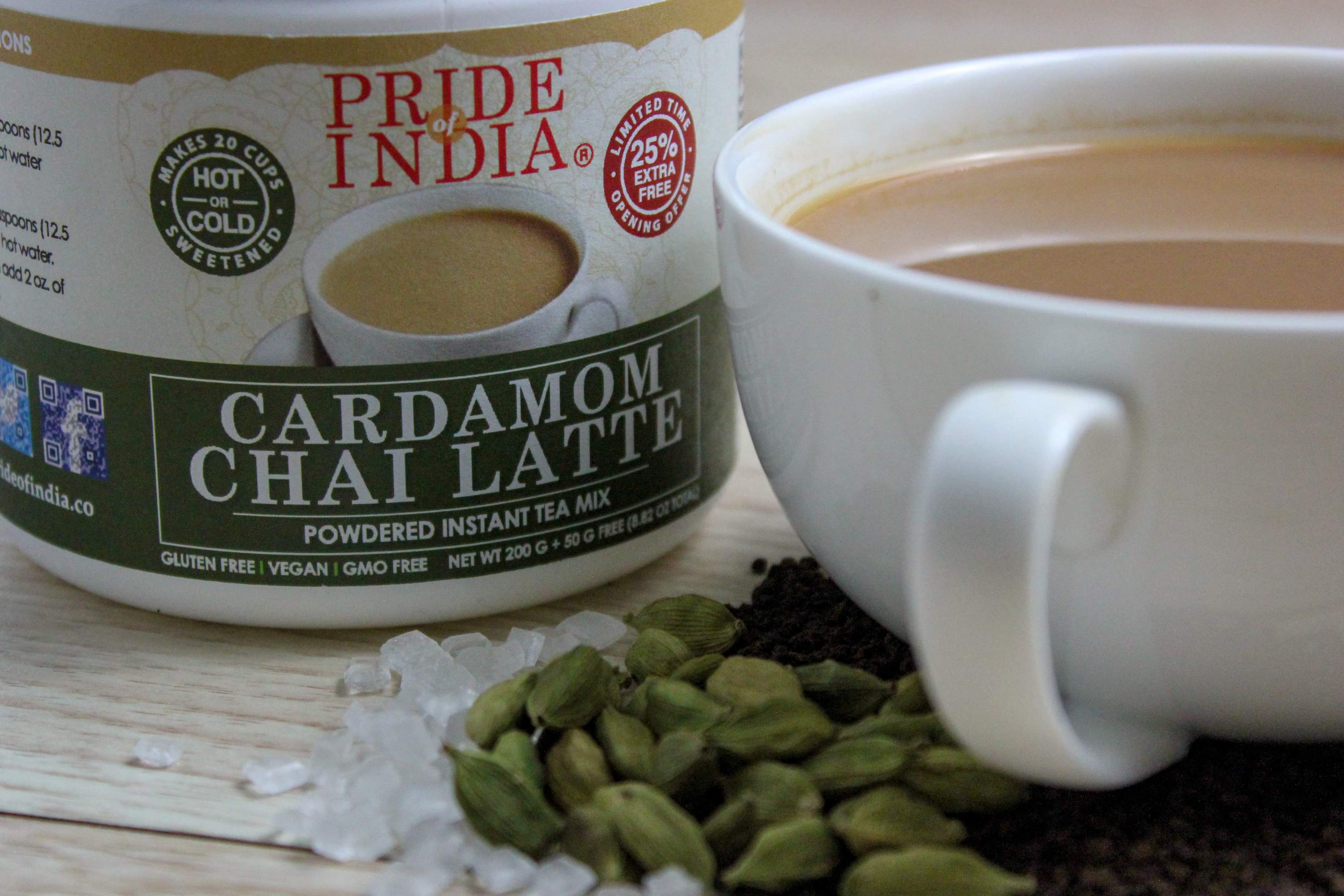ChaiMati Cardamom Chai Latte powdered instant tea premix in a jar, showcasing its packaging and rich texture.