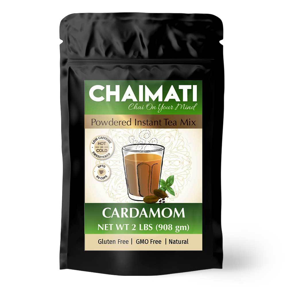 ChaiMati Cardamom Chai Latte powdered instant tea premix in a jar, showcasing its packaging and rich texture.