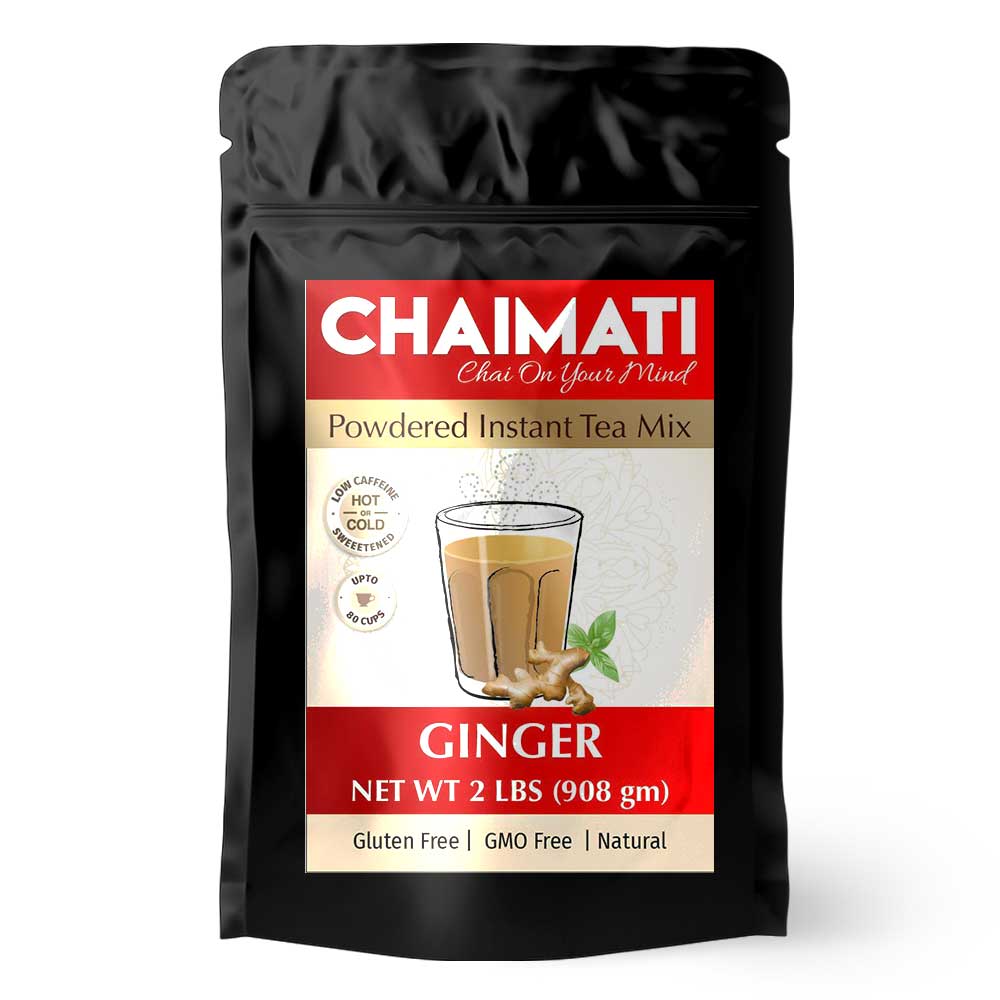 ChaiMati Ginger Chai Latte powdered instant tea premix in a jar, showcasing its natural ingredients and packaging.