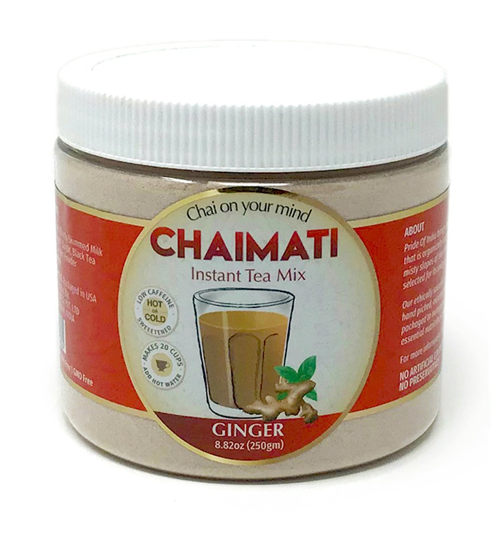 ChaiMati Ginger Chai Latte powdered instant tea premix in a jar, showcasing its natural ingredients and packaging.