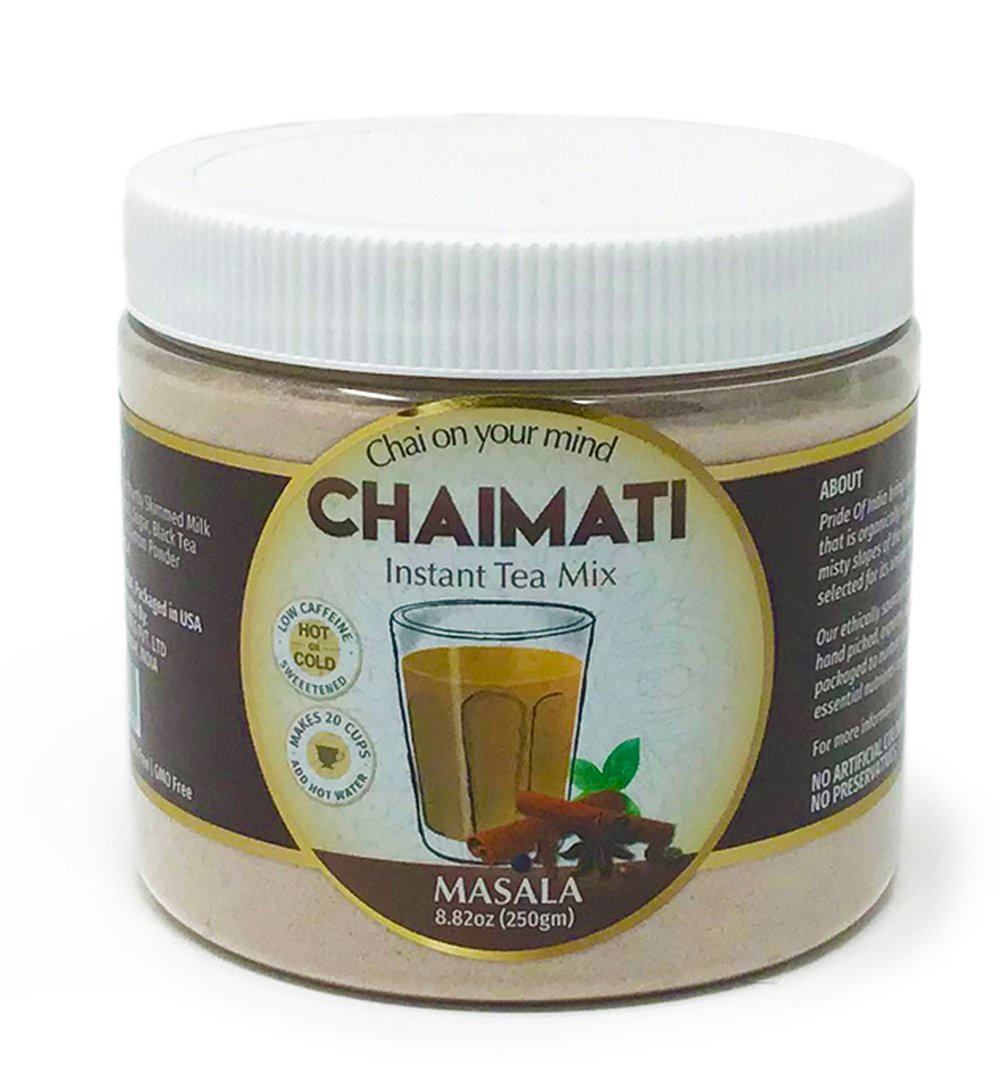 ChaiMati Masala Chai Latte powdered instant tea premix in a jar, showcasing its rich blend of spices and tea.