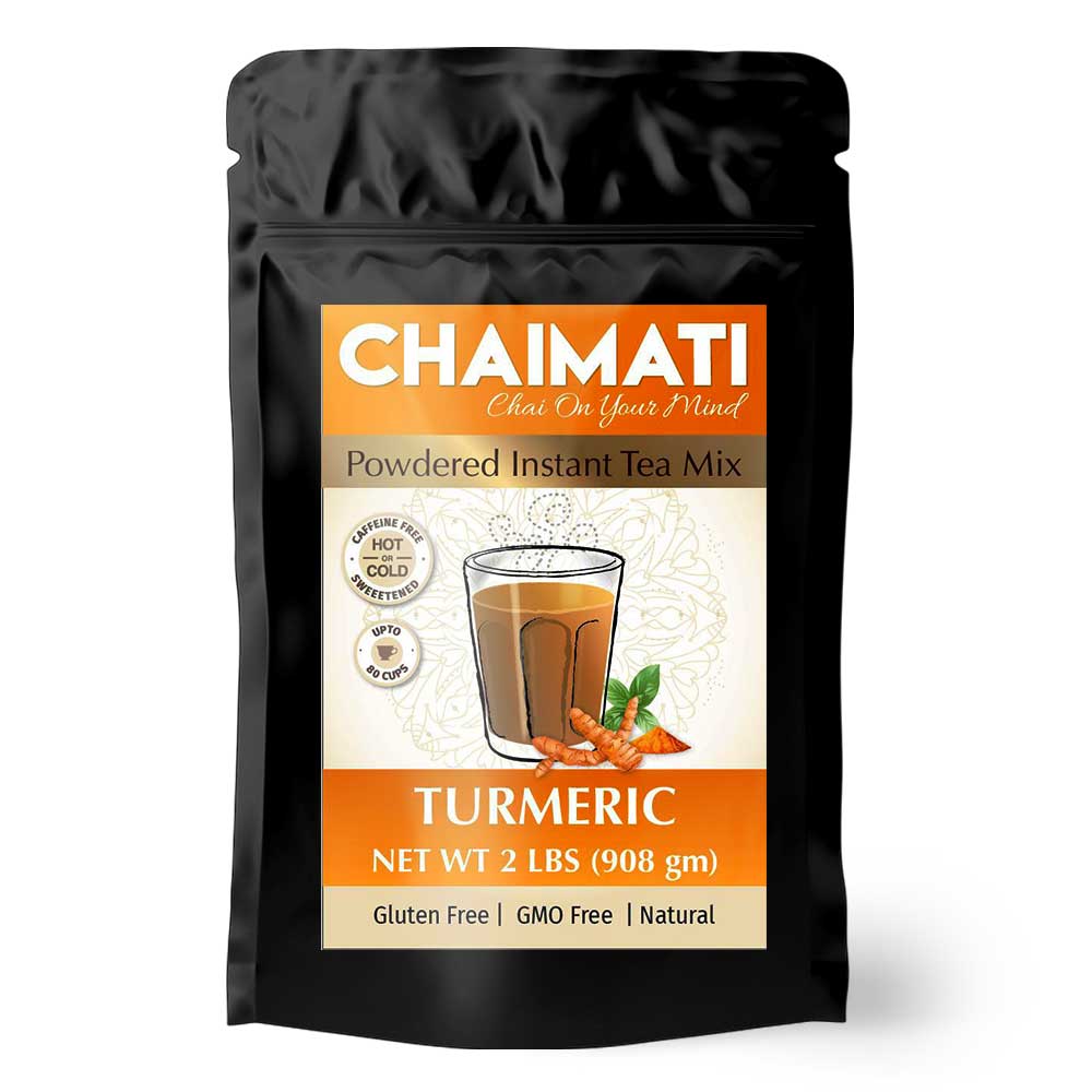 ChaiMati Turmeric Chai Latte powdered instant tea premix in a jar, showcasing its vibrant golden color and natural ingredients.