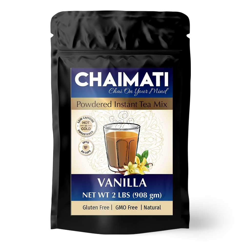 ChaiMati Vanilla Chai Latte powdered instant mix in a 2 lbs jar, showcasing its packaging and branding.