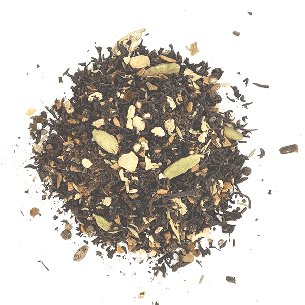A vibrant package of Chilcotin Chai black tea blend featuring spices like cinnamon, ginger, and cardamom.