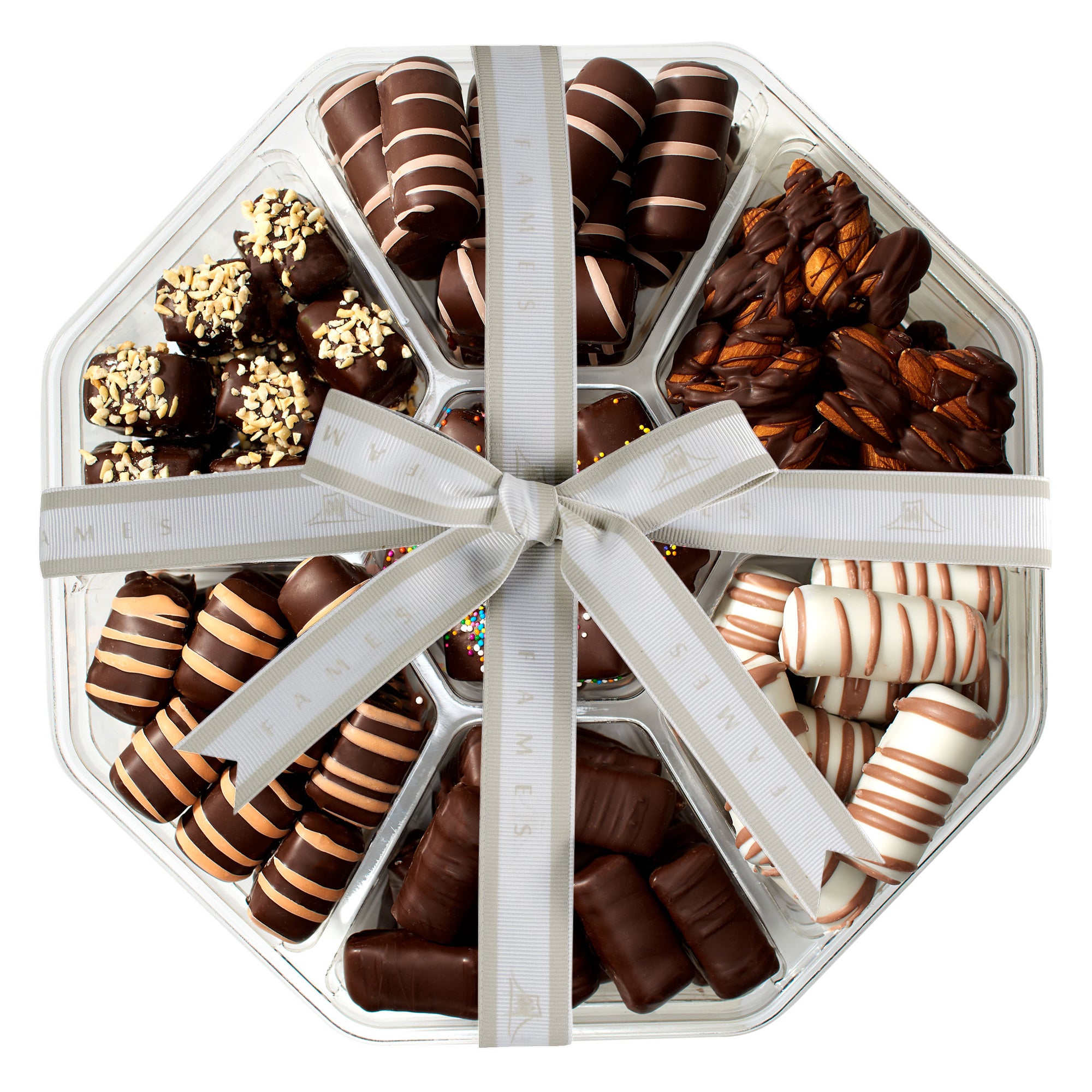 A beautifully arranged chocolate gift set for Purim, featuring dairy-free and kosher chocolates in an elegant box.