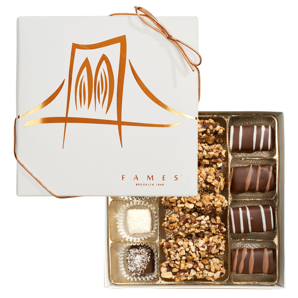 A beautifully arranged chocolate gift set for Purim, featuring dairy-free and kosher chocolates in an elegant box.