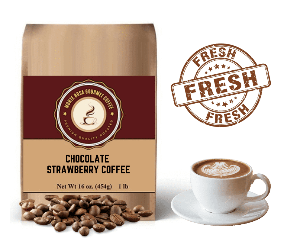A bag of Monte Rosa Chocolate Strawberry Flavored Coffee featuring rich chocolate and strawberry graphics.