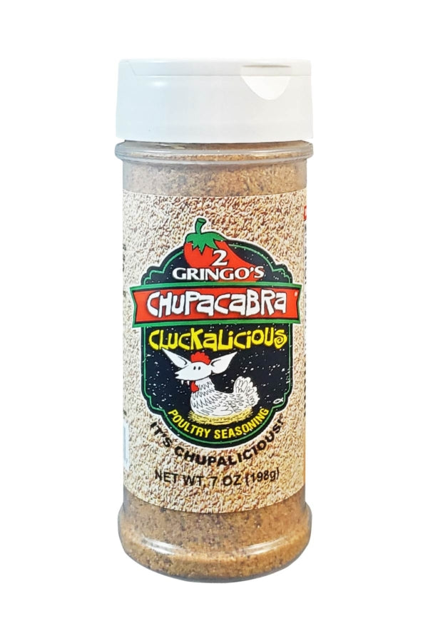 Chupacabra Cluckalicious 12 Oz seasoning bottle with vibrant label showcasing its unique blend for chicken and pork.
