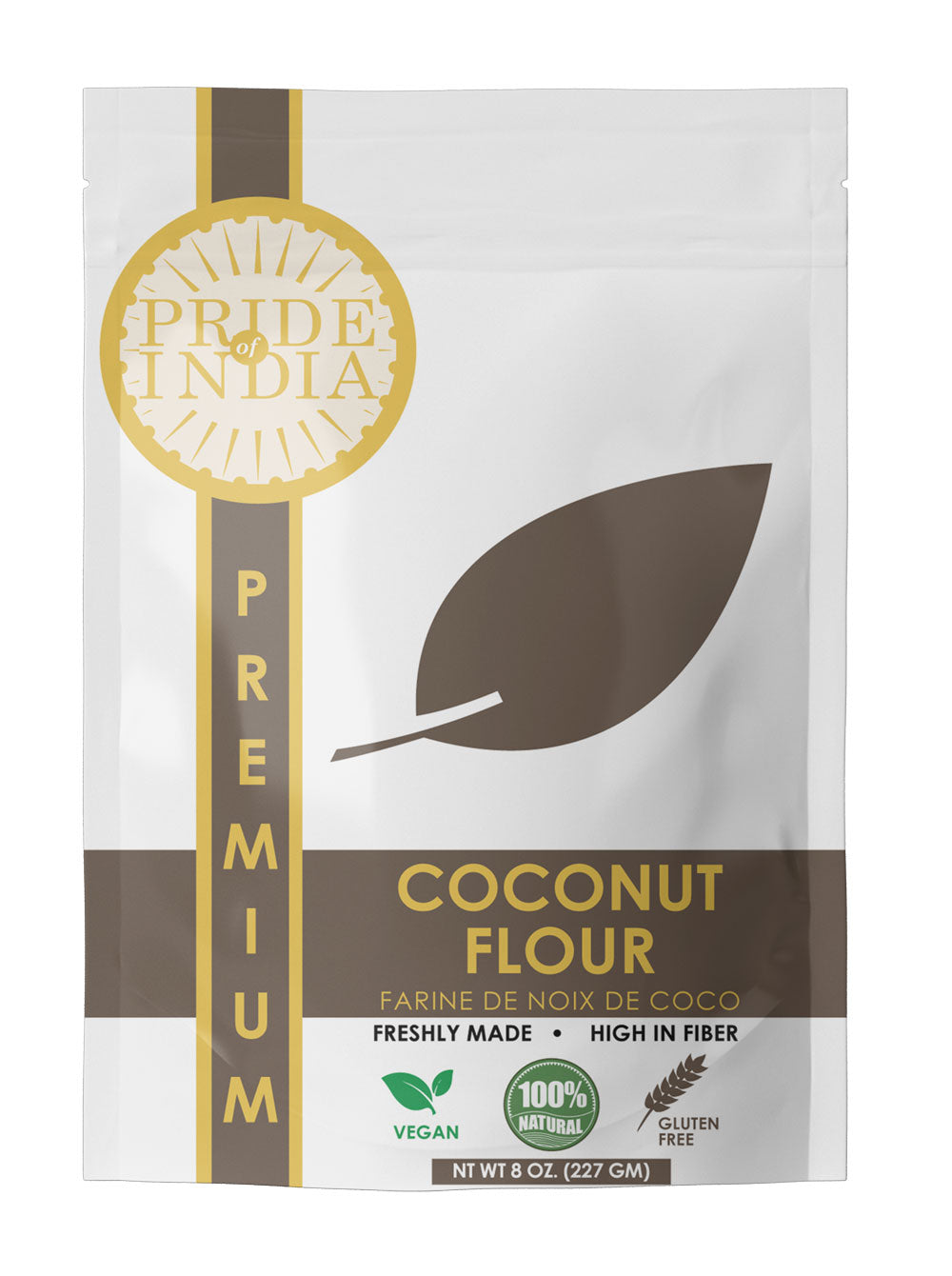 Pride of India Coconut Flour package showcasing the resealable pouch and product details, highlighting its gluten-free and fiber-rich qualities.