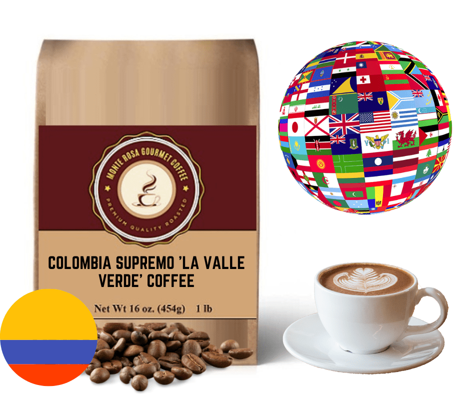 A bag of Colombia Supremo 'La Valle Verde' Coffee showcasing its rich, gourmet quality with a vibrant design.