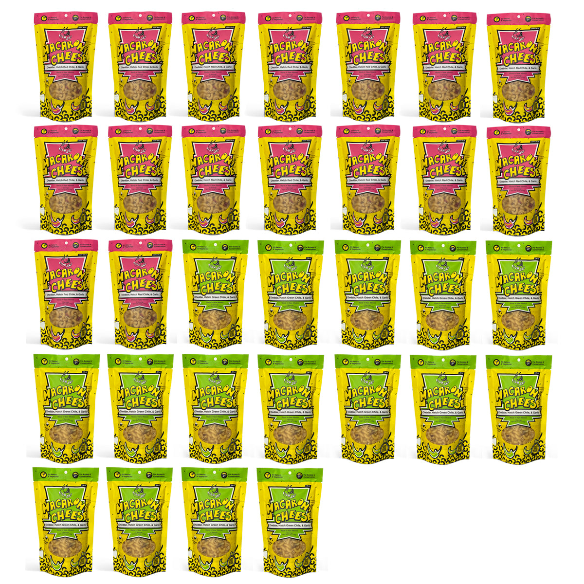 A delicious bowl of Combo Hatch Green Chile and Red Chile Cheddar Mac and Cheese, featuring vibrant colors and a creamy texture.