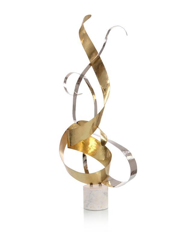 A stunning Dancing Swirls Sculpture featuring hammered brass and polished nickel metal strips on a white marble base, showcasing elegant swirls.